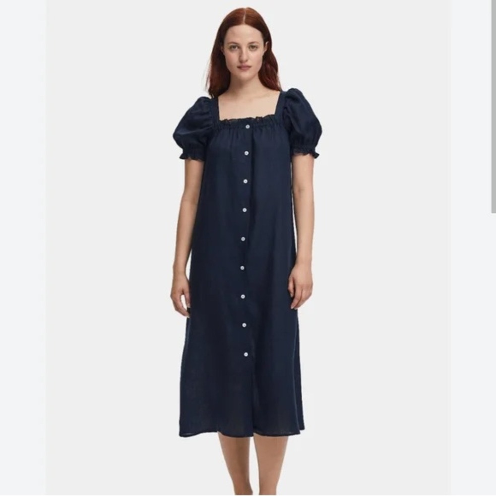Sleeper Brigitte Blue Navy 100% Linen Button Up Midi Dress Size XL
